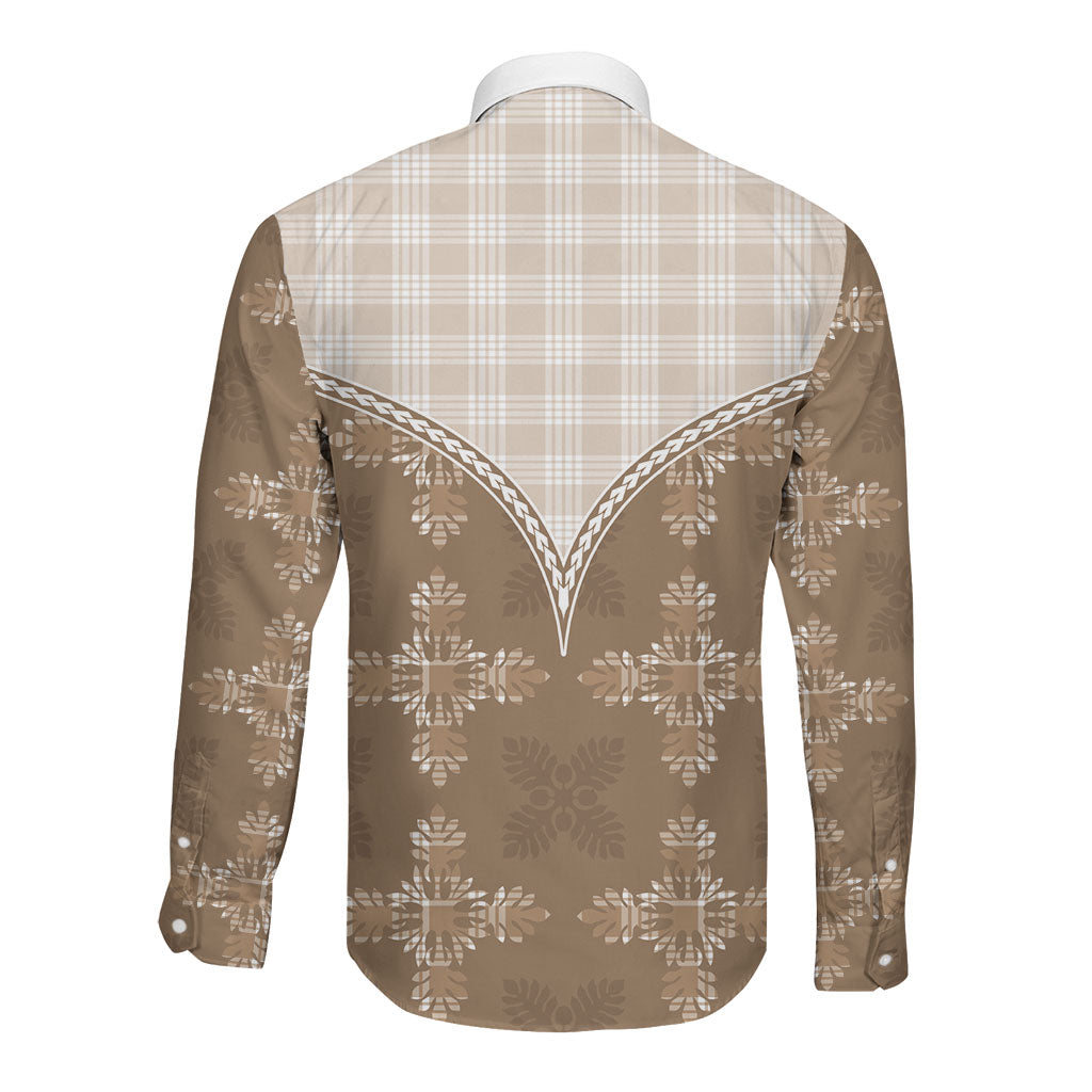 Beige Hawaii Paniolo Quilt Motif Long Sleeve Button Shirt