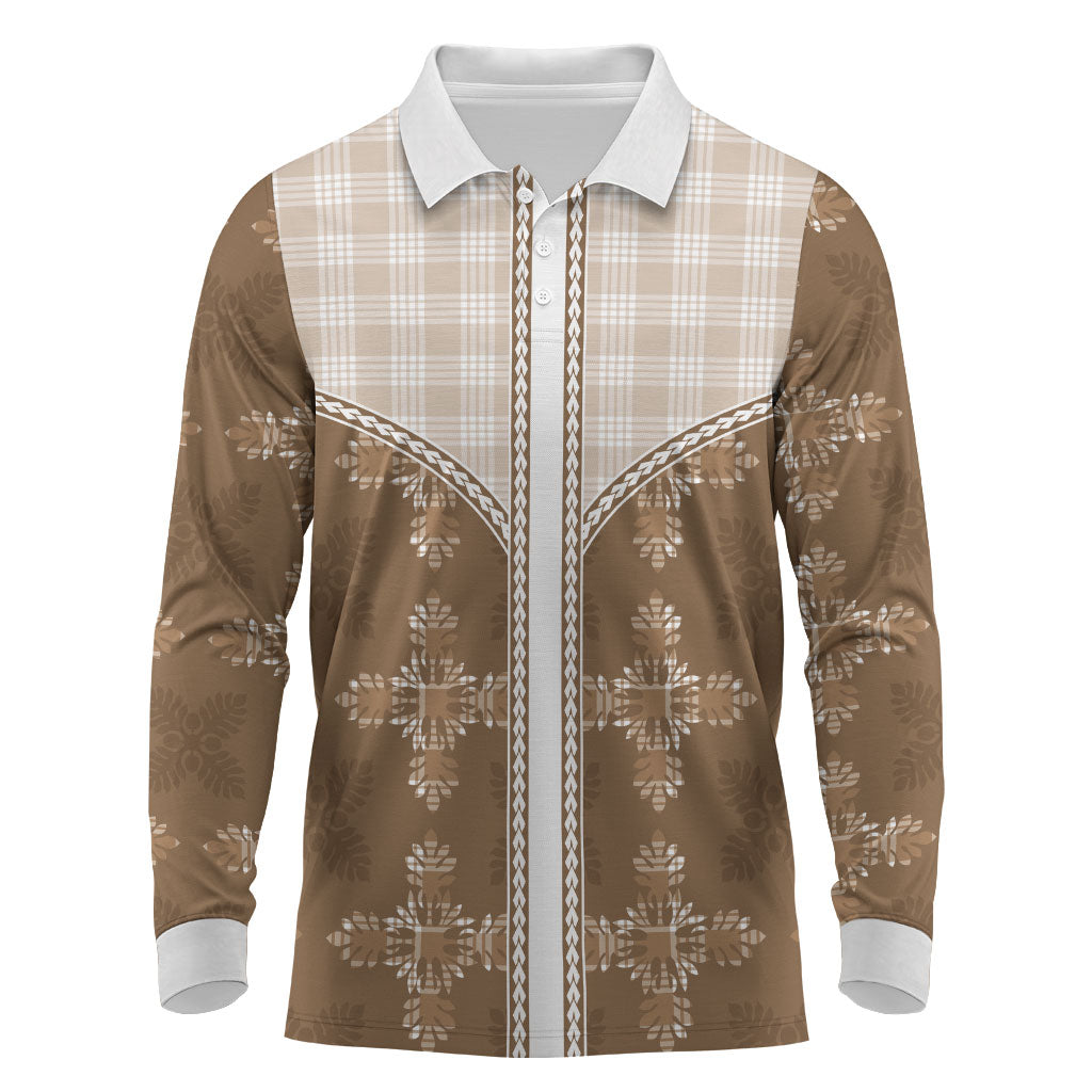 Beige Hawaii Paniolo Quilt Motif Long Sleeve Polo Shirt