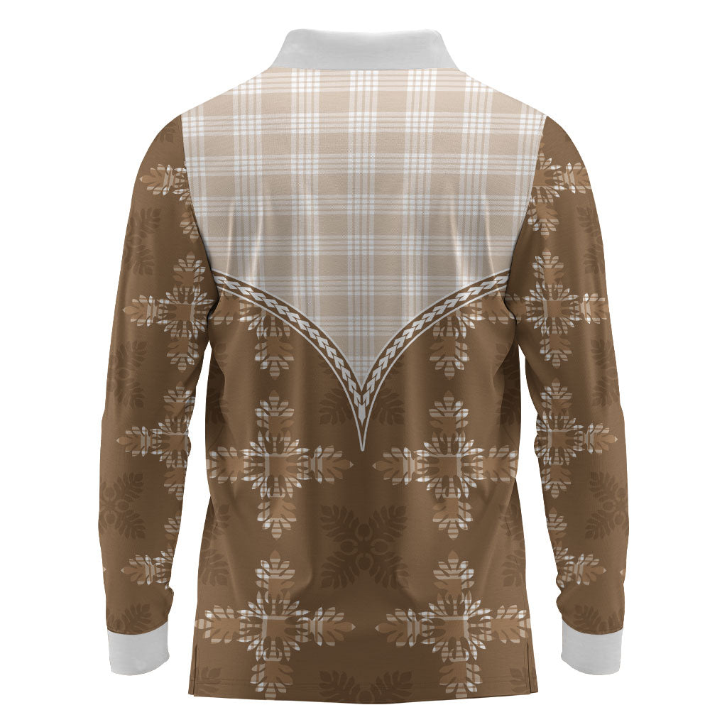 Beige Hawaii Paniolo Quilt Motif Long Sleeve Polo Shirt