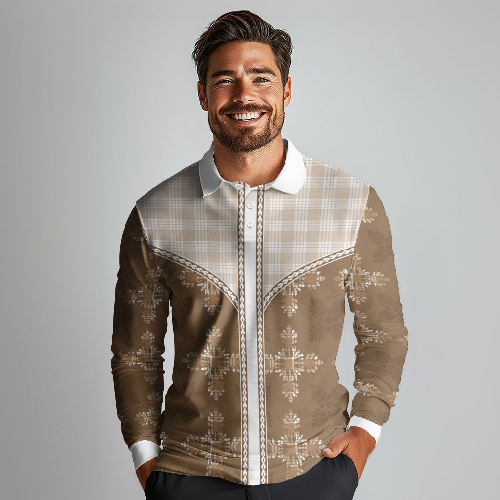 Beige Hawaii Paniolo Quilt Motif Long Sleeve Polo Shirt