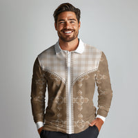 Beige Hawaii Paniolo Quilt Motif Long Sleeve Polo Shirt