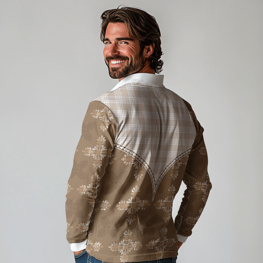 Beige Hawaii Paniolo Quilt Motif Long Sleeve Polo Shirt