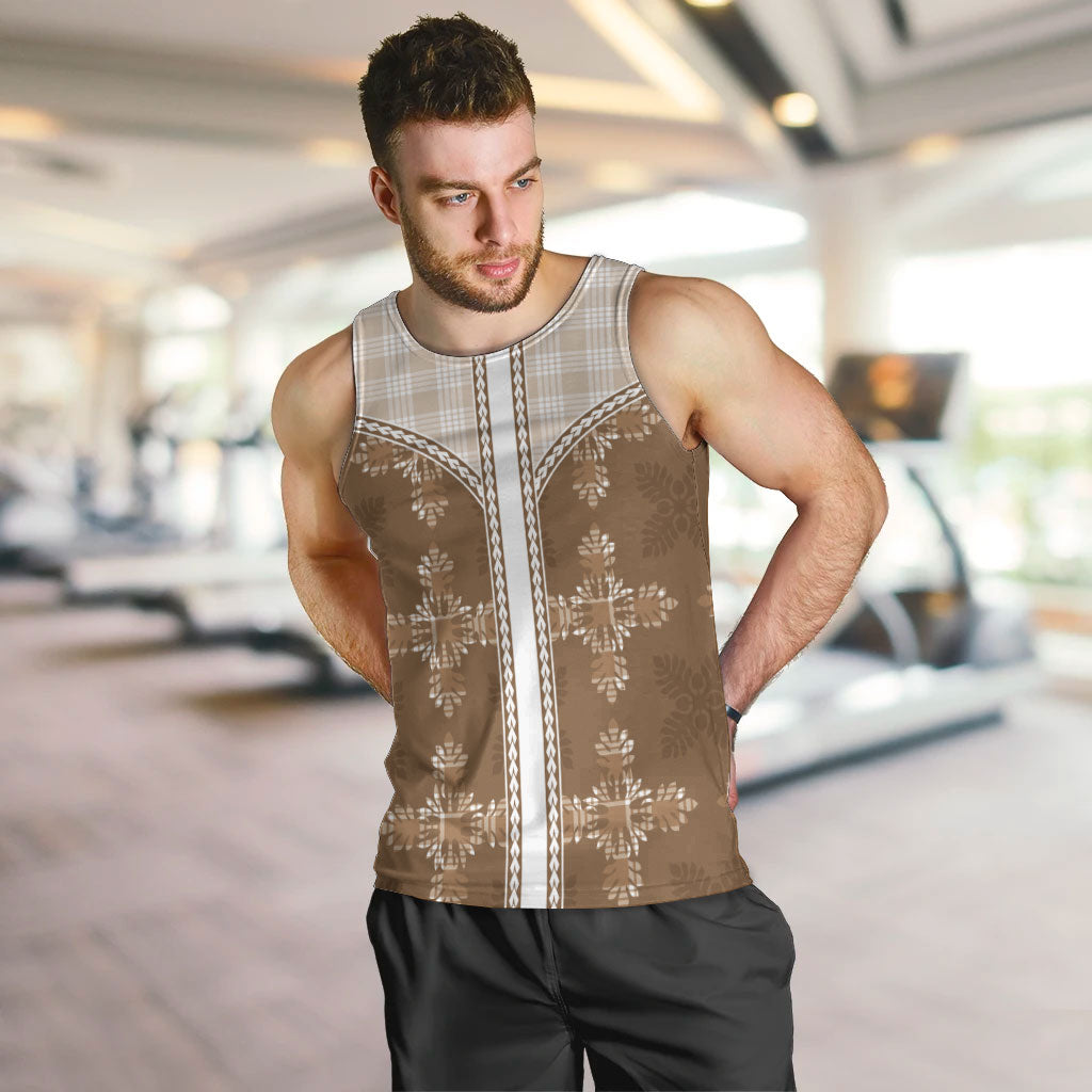 Beige Hawaii Paniolo Quilt Motif Men Tank Top