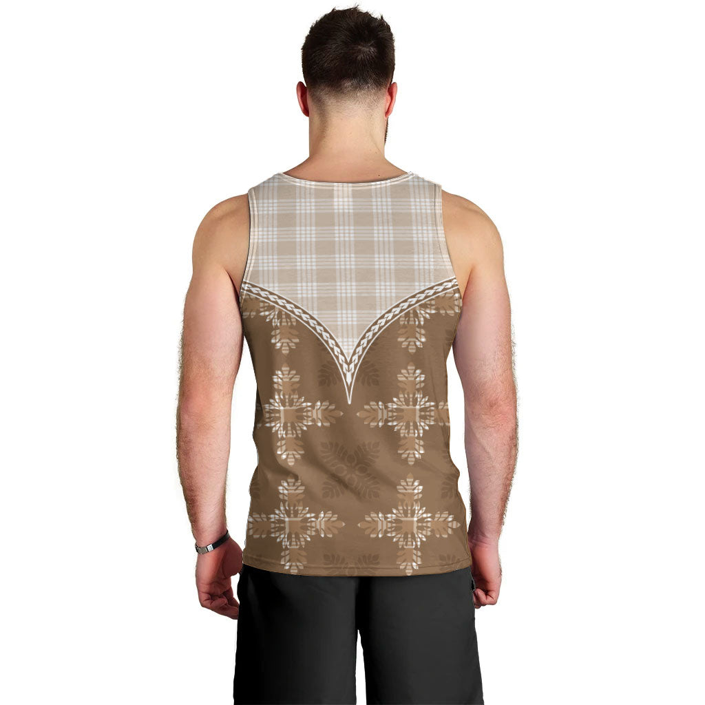 Beige Hawaii Paniolo Quilt Motif Men Tank Top