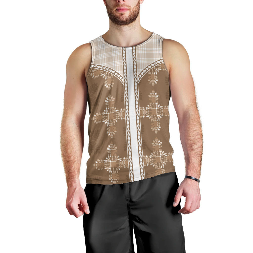 Beige Hawaii Paniolo Quilt Motif Men Tank Top