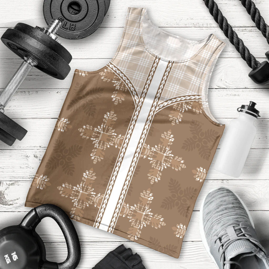 Beige Hawaii Paniolo Quilt Motif Men Tank Top