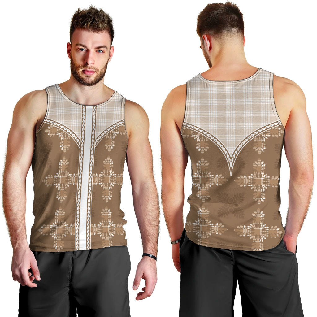 Beige Hawaii Paniolo Quilt Motif Men Tank Top