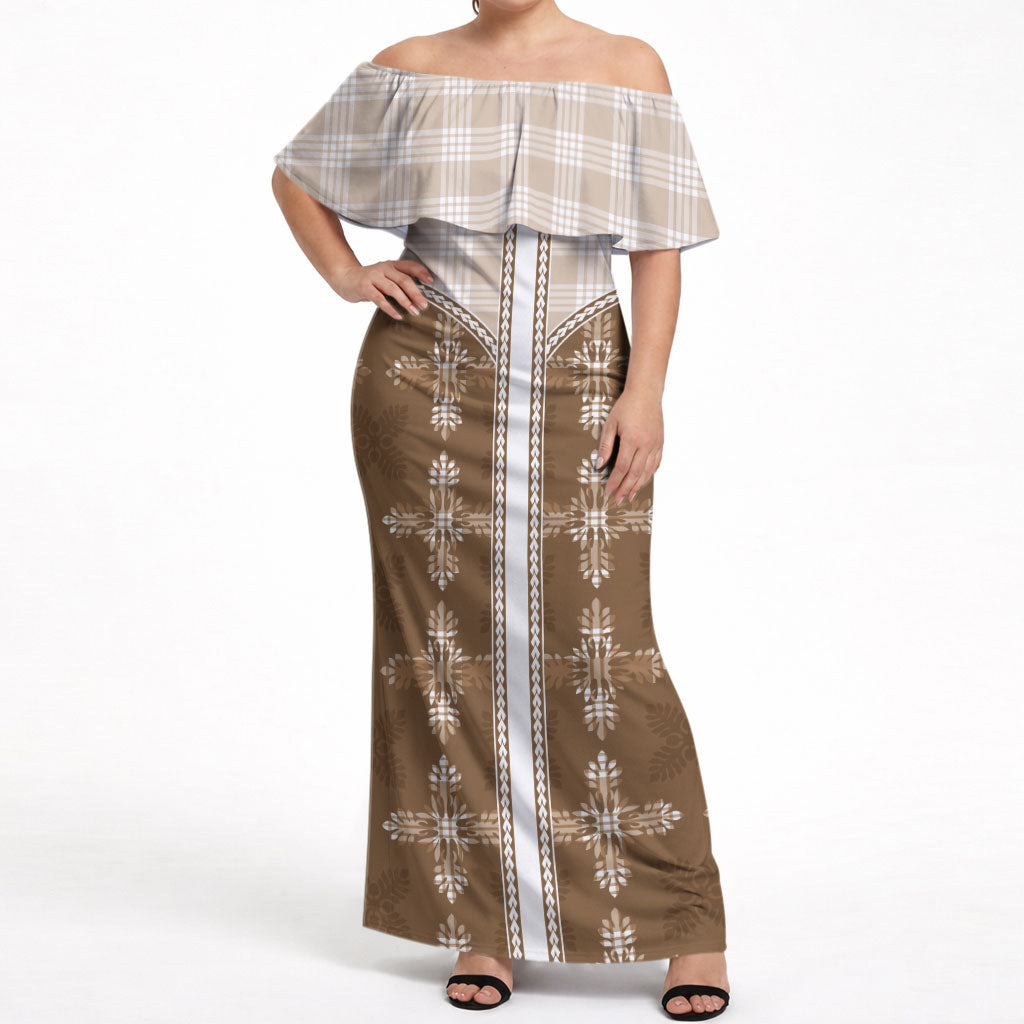 Beige Hawaii Paniolo Quilt Motif Off Shoulder Maxi Dress