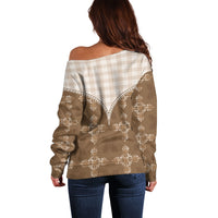 Beige Hawaii Paniolo Quilt Motif Off Shoulder Sweater