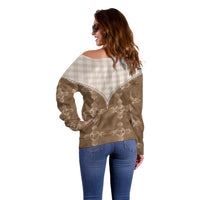 Beige Hawaii Paniolo Quilt Motif Off Shoulder Sweater