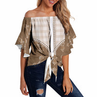 Beige Hawaii Paniolo Quilt Motif Off Shoulder Wrap Waist Top