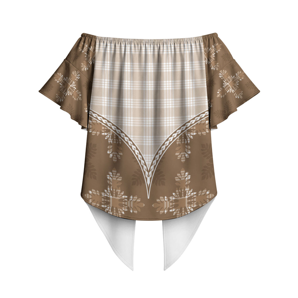 Beige Hawaii Paniolo Quilt Motif Off Shoulder Wrap Waist Top