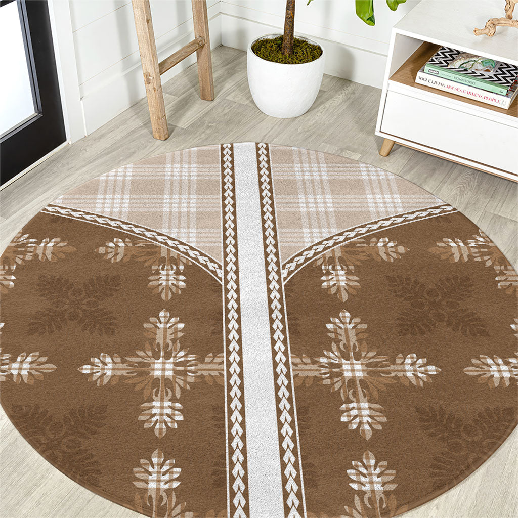 Beige Hawaii Paniolo Quilt Motif Round Carpet