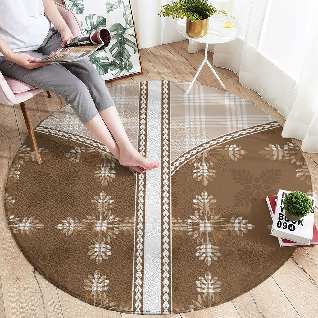Beige Hawaii Paniolo Quilt Motif Round Carpet