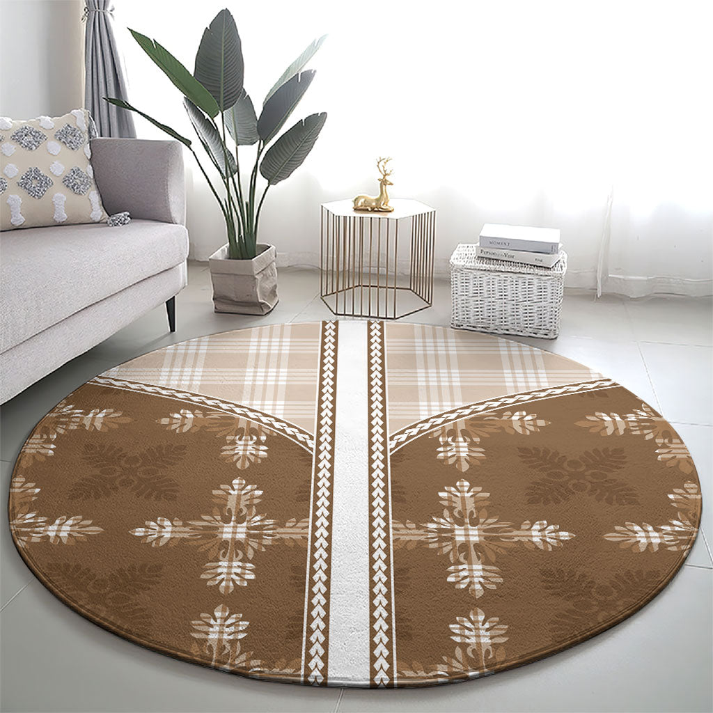 Beige Hawaii Paniolo Quilt Motif Round Carpet