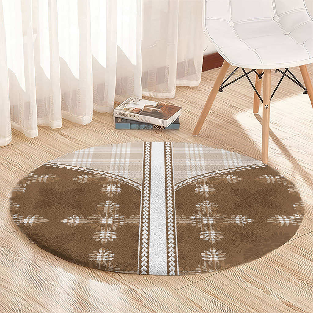 Beige Hawaii Paniolo Quilt Motif Round Carpet
