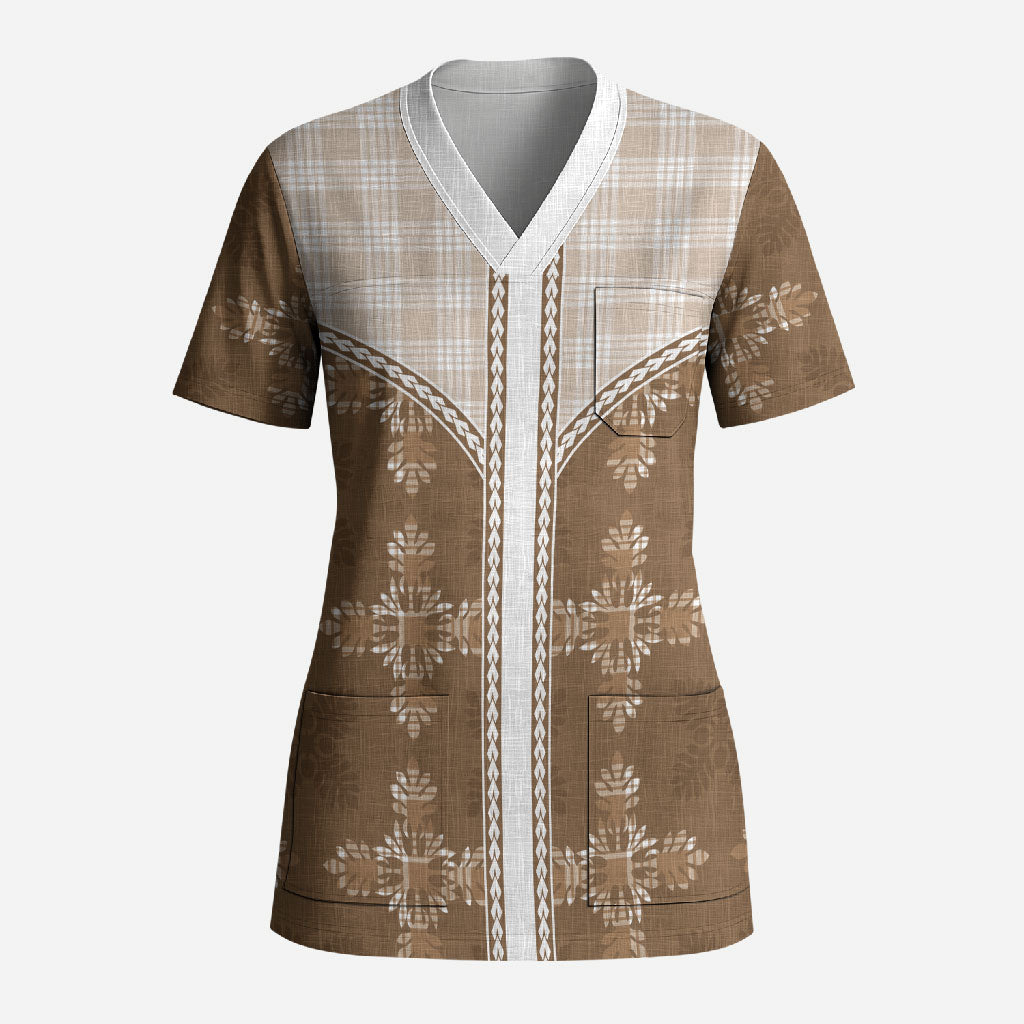 Beige Hawaii Paniolo Quilt Motif Scrub Top LT05 Adult Beige - Polynesian Pride