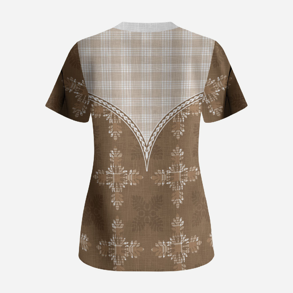 Beige Hawaii Paniolo Quilt Motif Scrub Top