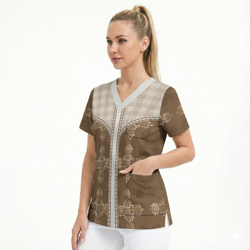 Beige Hawaii Paniolo Quilt Motif Scrub Top
