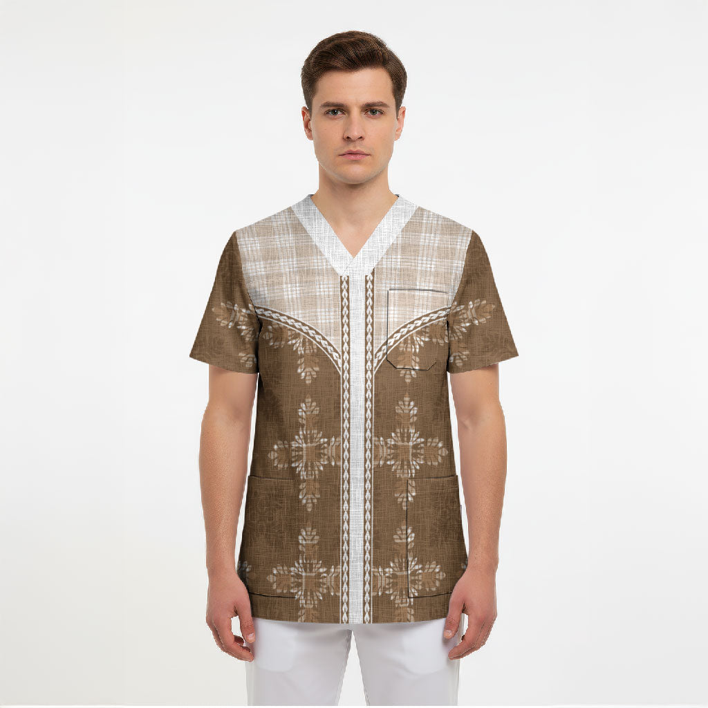 Beige Hawaii Paniolo Quilt Motif Scrub Top