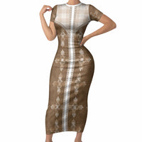 Beige Hawaii Paniolo Quilt Motif Short Sleeve Bodycon Dress