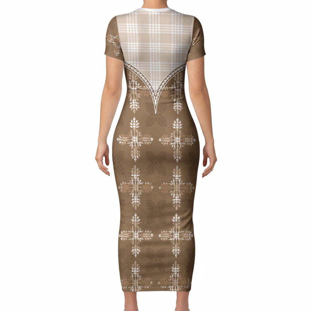 Beige Hawaii Paniolo Quilt Motif Short Sleeve Bodycon Dress