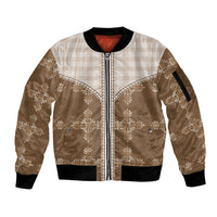 Beige Hawaii Paniolo Quilt Motif Sleeve Zip Bomber Jacket