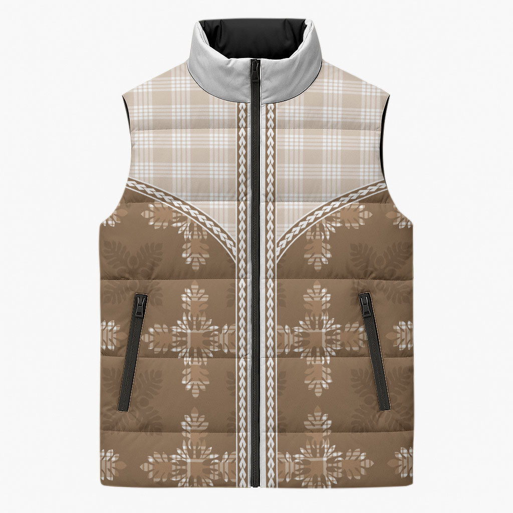 Beige Hawaii Paniolo Quilt Motif Sleeveless Puffer Jacket