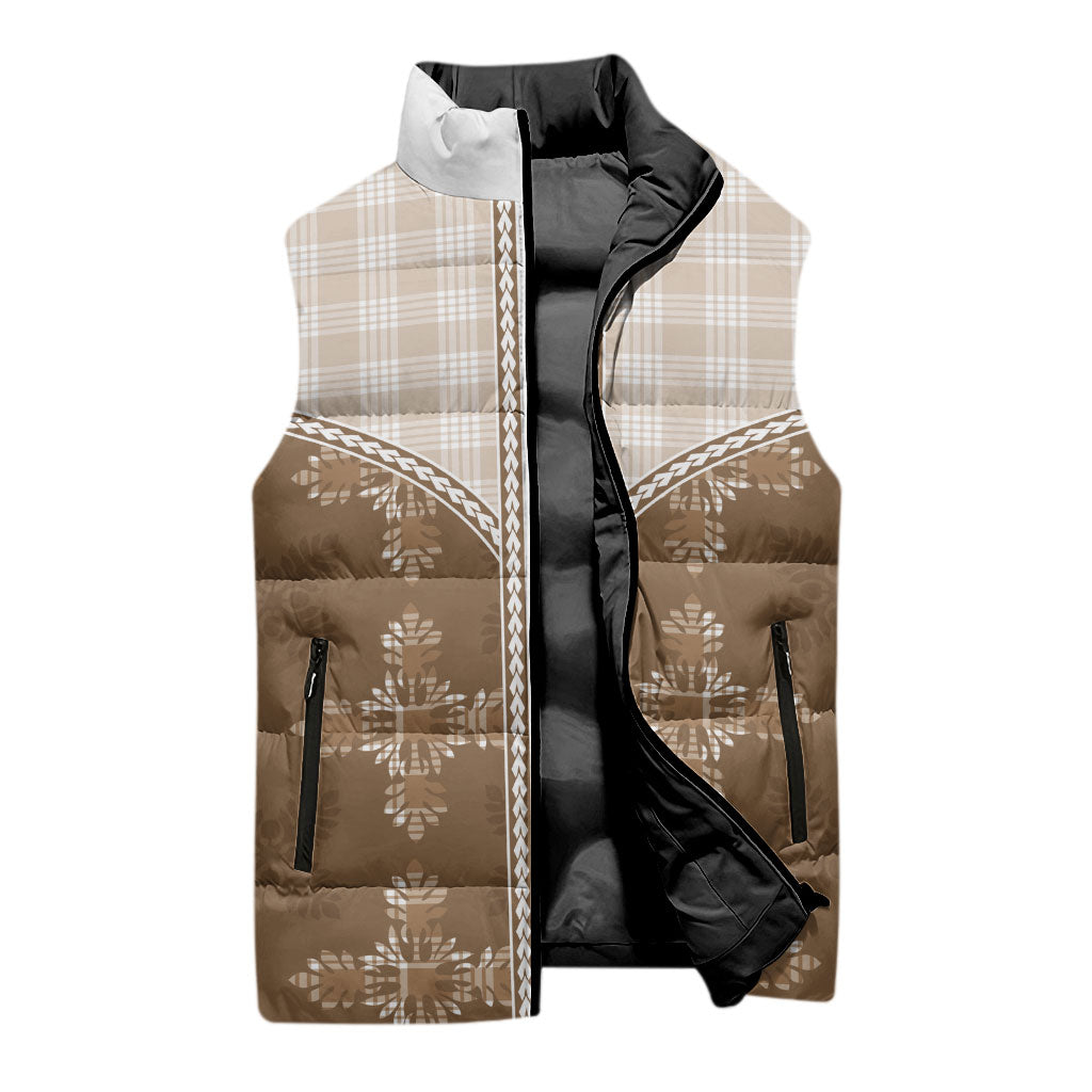 Beige Hawaii Paniolo Quilt Motif Sleeveless Puffer Jacket