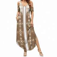 Beige Hawaii Paniolo Quilt Motif Summer Maxi Dress