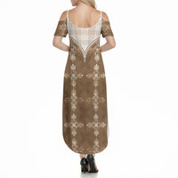Beige Hawaii Paniolo Quilt Motif Summer Maxi Dress