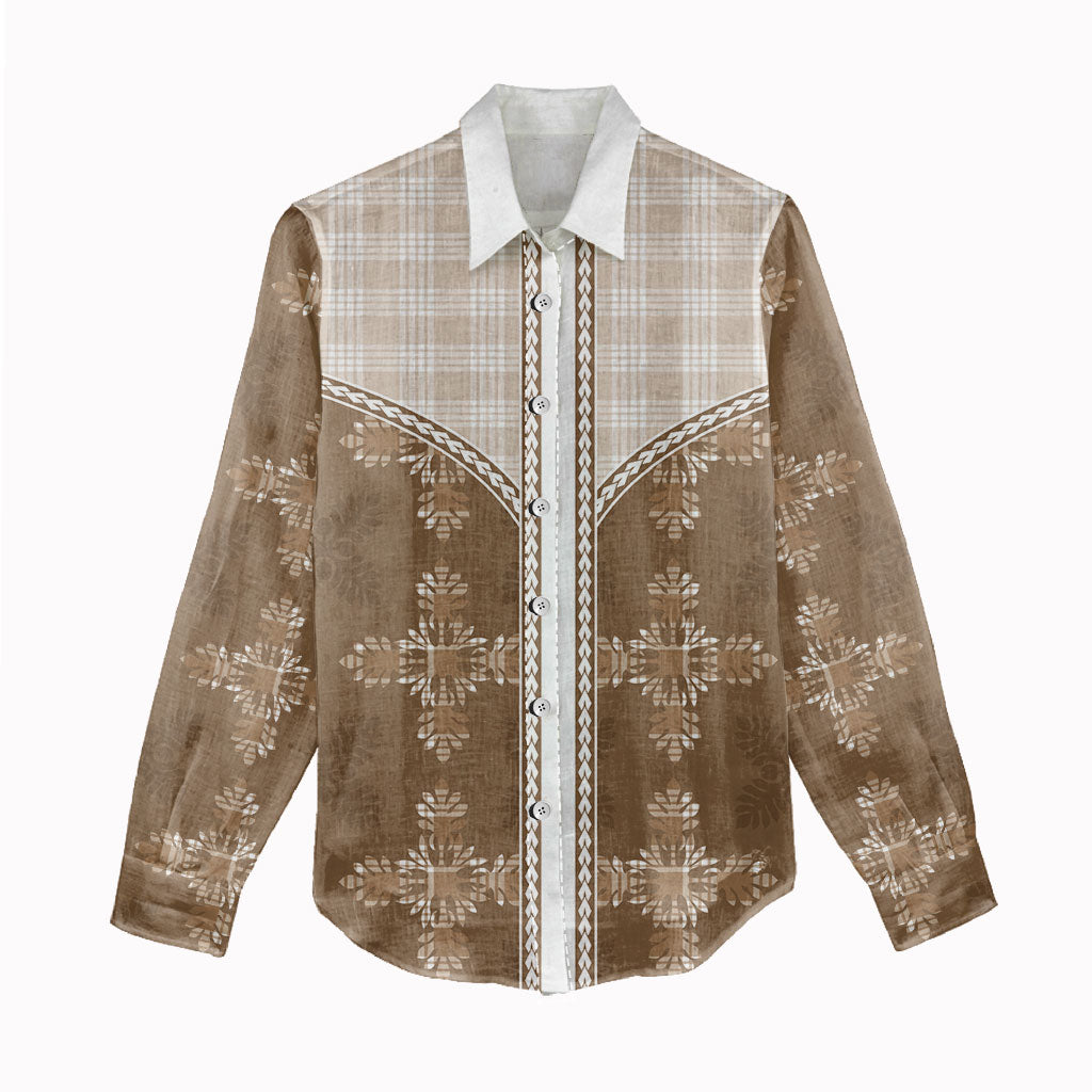Beige Hawaii Paniolo Quilt Motif Women Casual Shirt