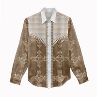Beige Hawaii Paniolo Quilt Motif Women Casual Shirt