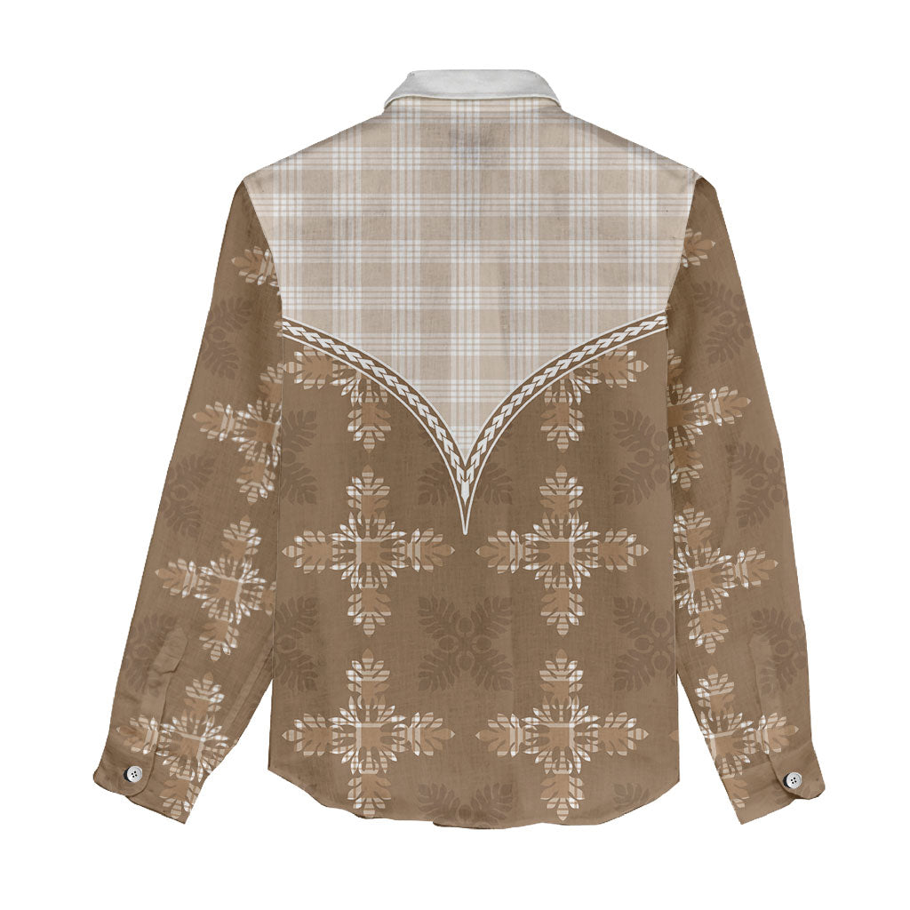 Beige Hawaii Paniolo Quilt Motif Women Casual Shirt