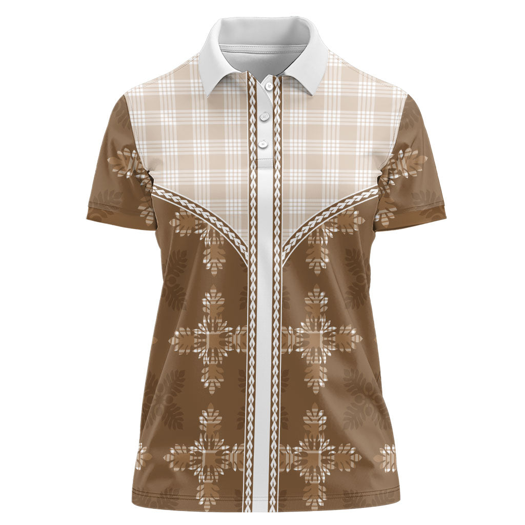 Beige Hawaii Paniolo Quilt Motif Women Polo Shirt