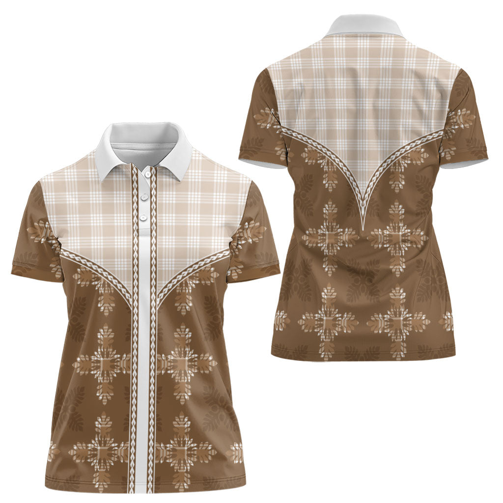 Beige Hawaii Paniolo Quilt Motif Women Polo Shirt