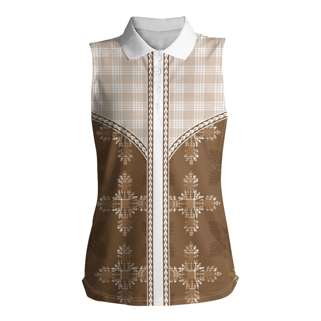 Beige Hawaii Paniolo Quilt Motif Women Sleeveless Polo Shirt