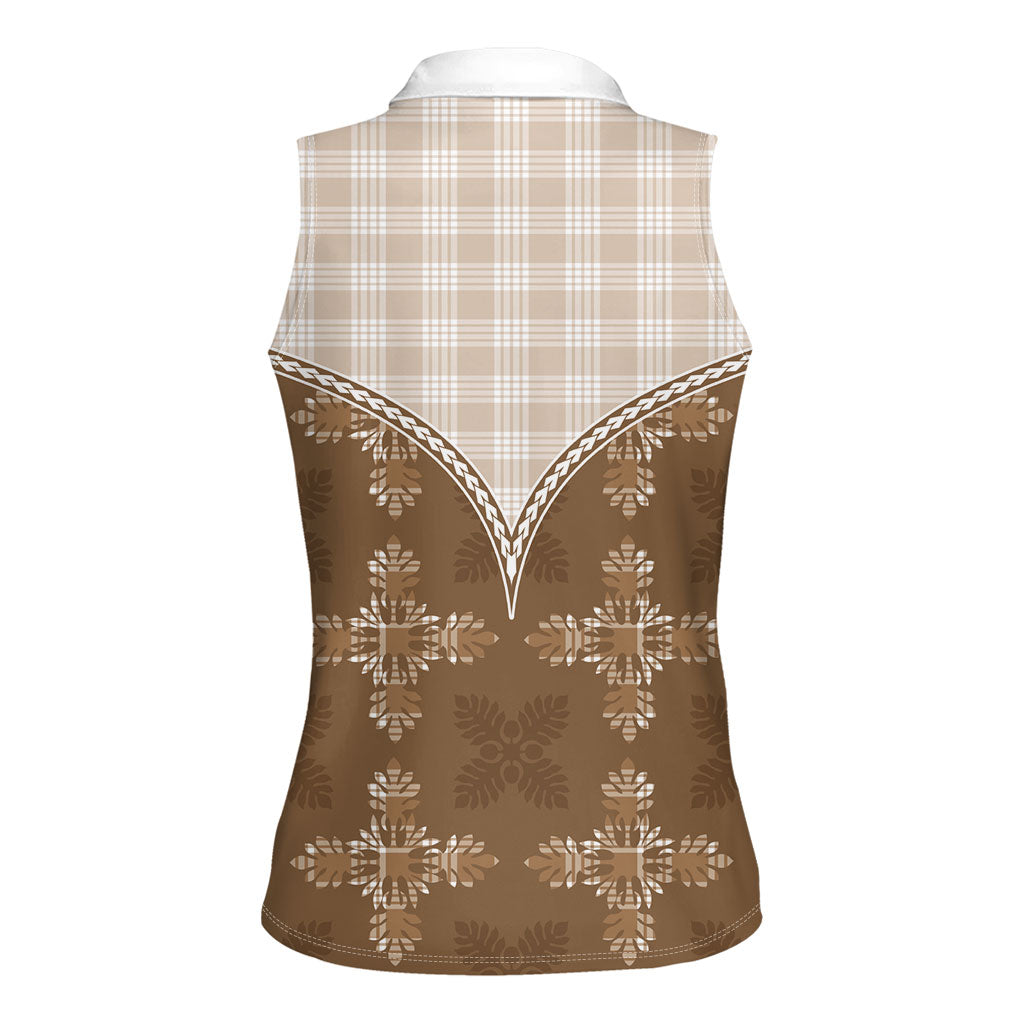 Beige Hawaii Paniolo Quilt Motif Women Sleeveless Polo Shirt