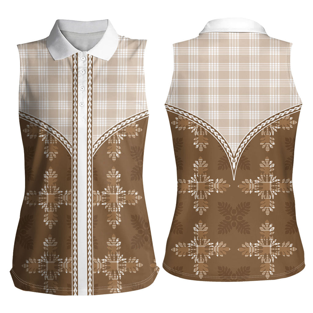 Beige Hawaii Paniolo Quilt Motif Women Sleeveless Polo Shirt