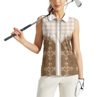 Beige Hawaii Paniolo Quilt Motif Women Sleeveless Polo Shirt