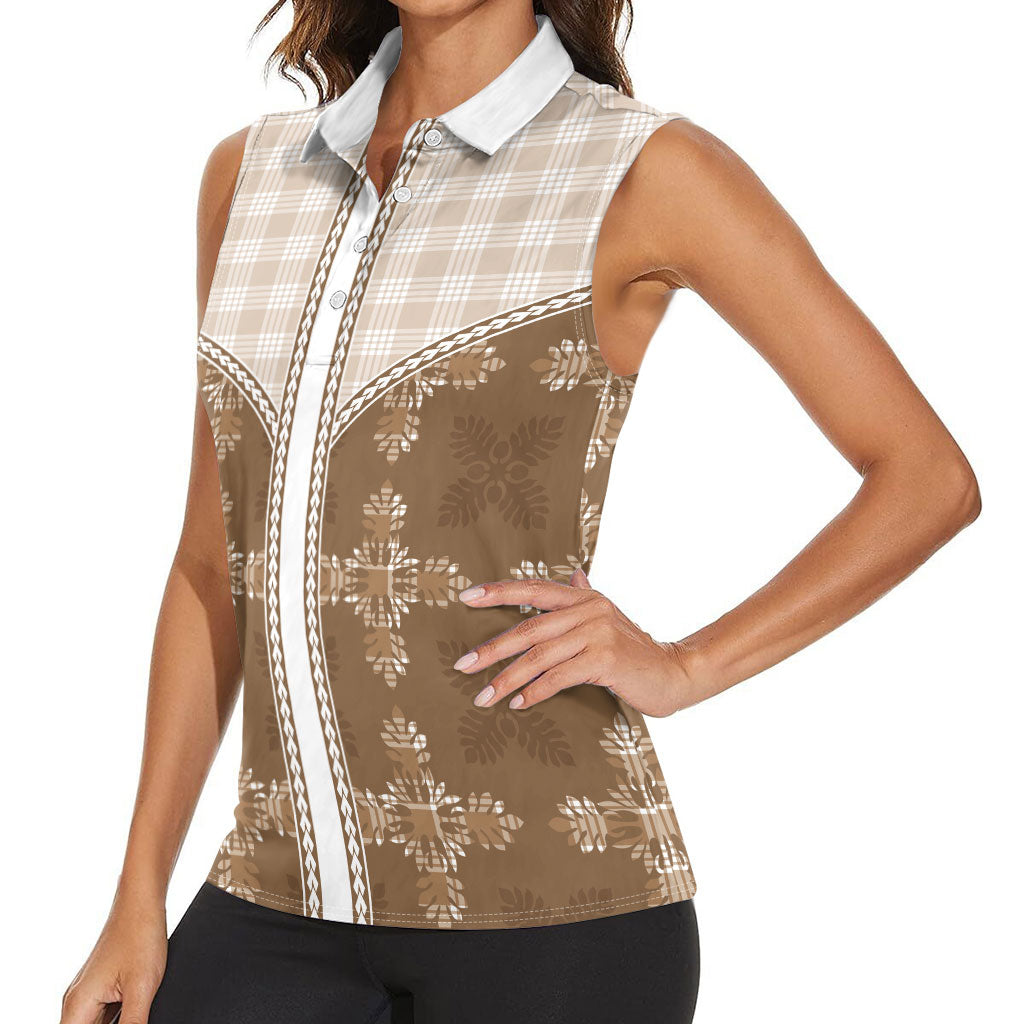 Beige Hawaii Paniolo Quilt Motif Women Sleeveless Polo Shirt