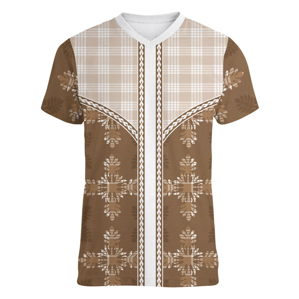 Beige Hawaii Paniolo Quilt Motif Women V-Neck T-Shirt