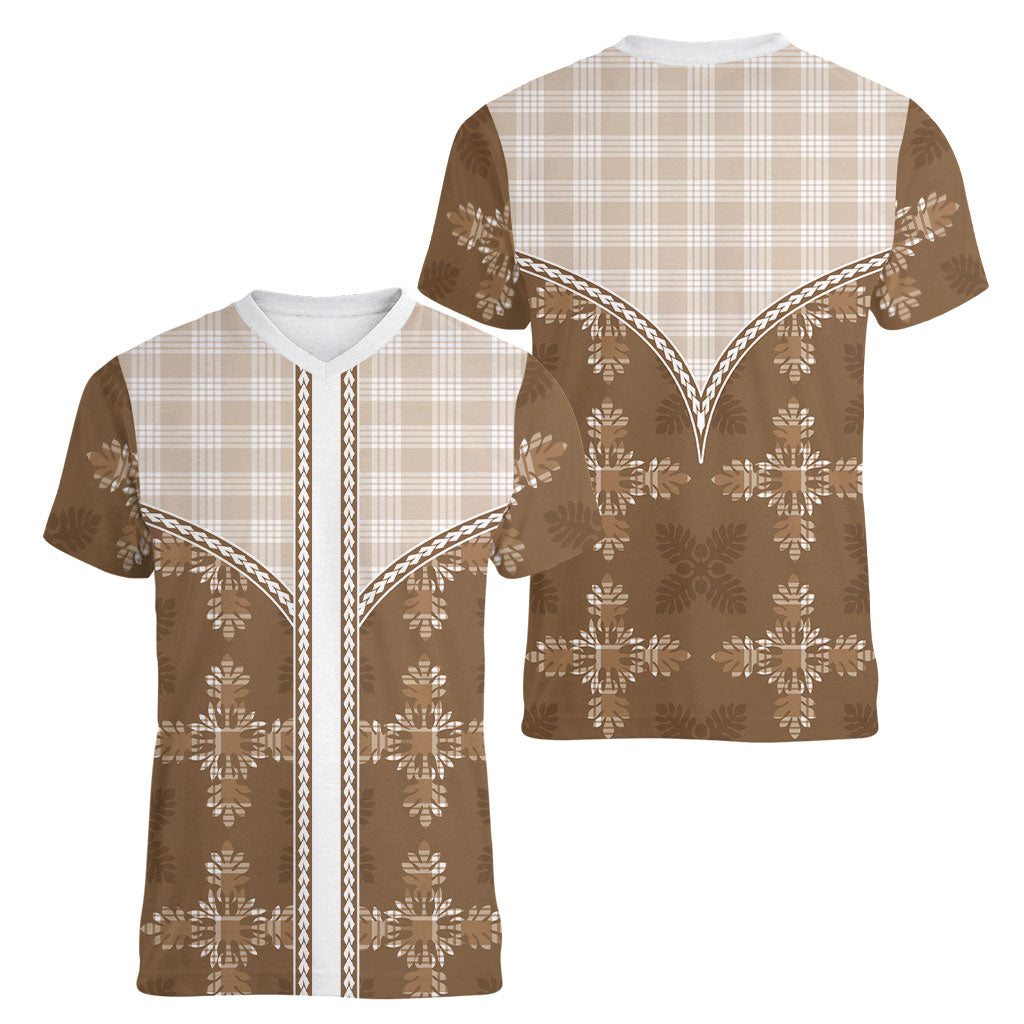 Beige Hawaii Paniolo Quilt Motif Women V-Neck T-Shirt