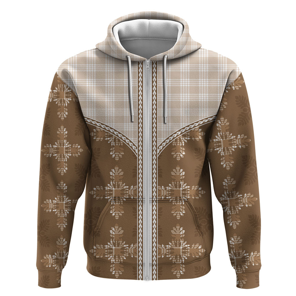 Beige Hawaii Paniolo Quilt Motif Zip Hoodie