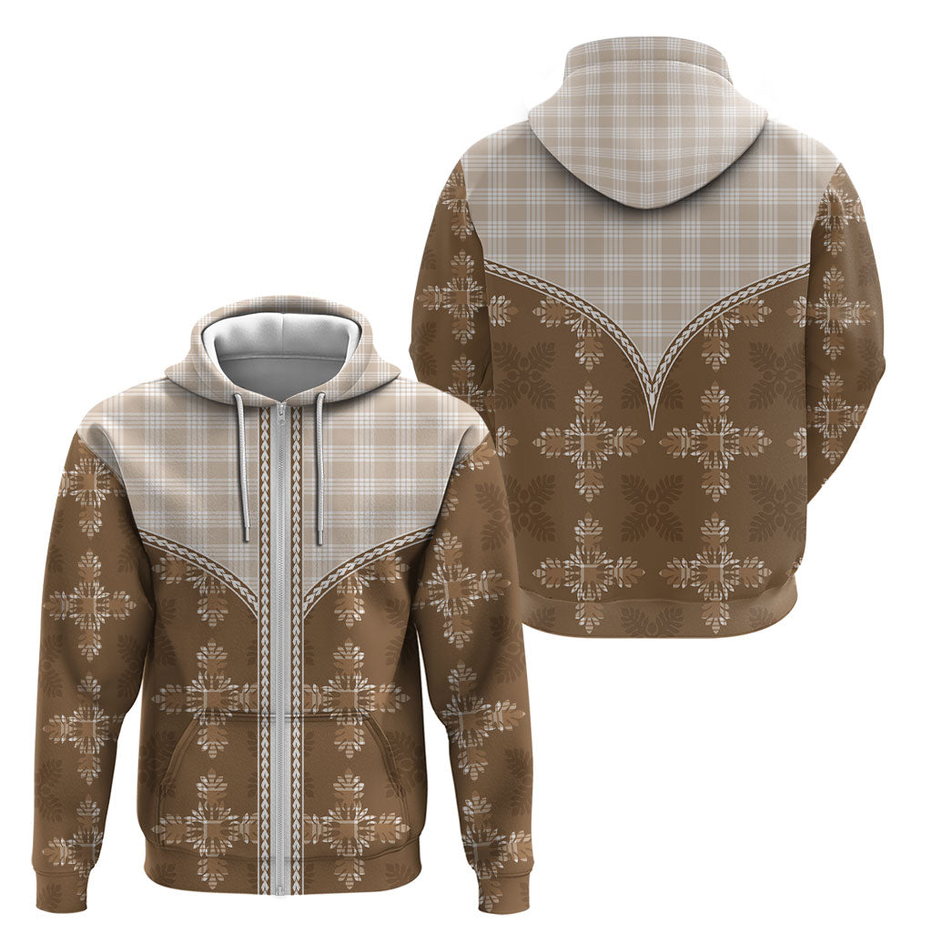 Beige Hawaii Paniolo Quilt Motif Zip Hoodie