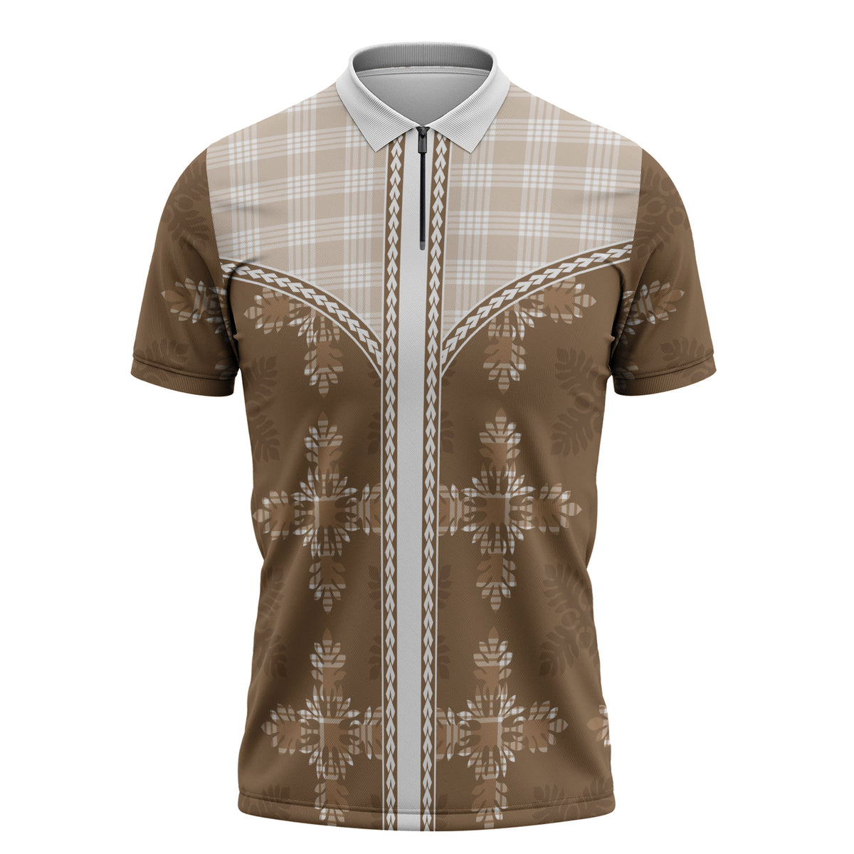 Beige Hawaii Paniolo Quilt Motif Zipper Polo Shirt