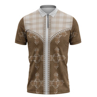 Beige Hawaii Paniolo Quilt Motif Zipper Polo Shirt