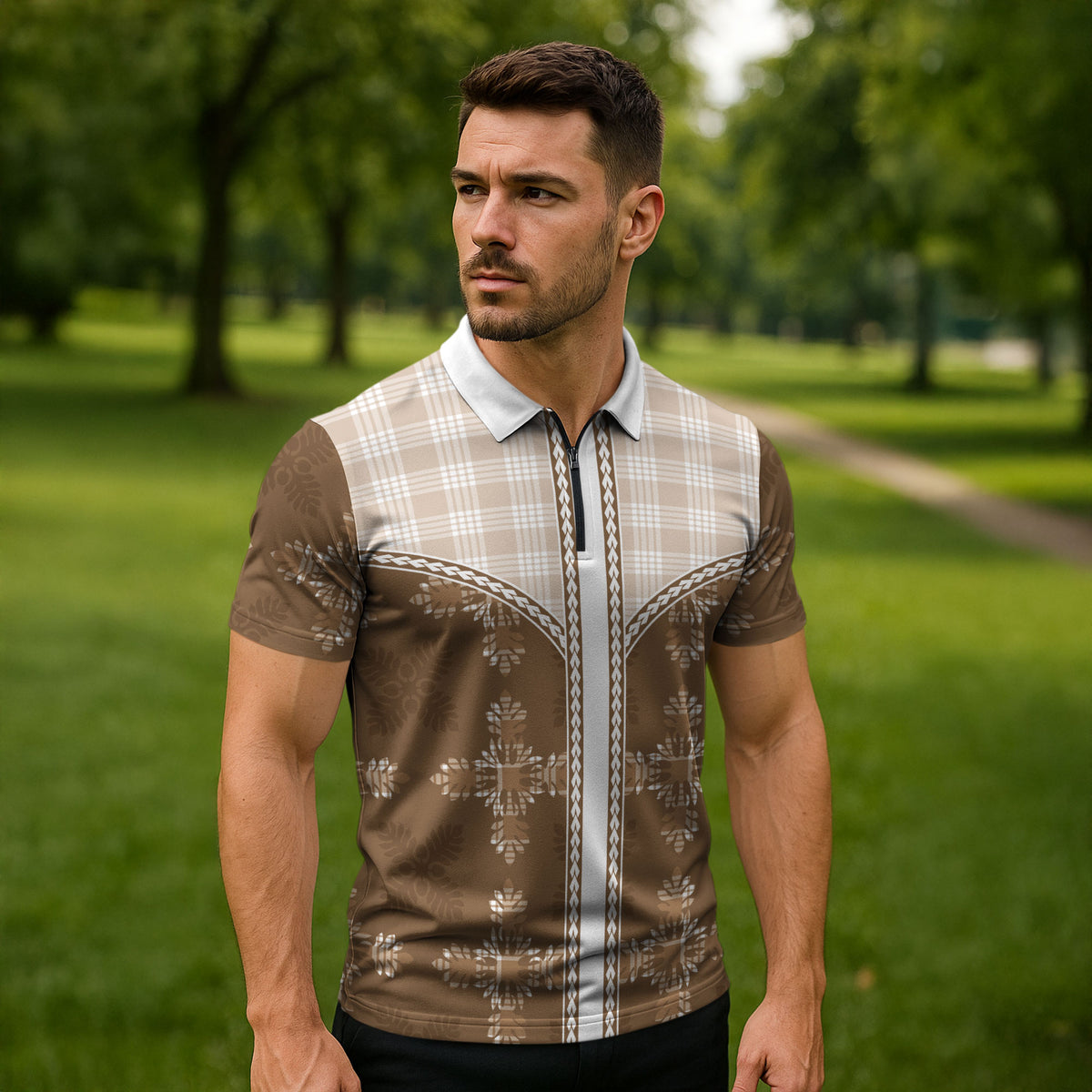 Beige Hawaii Paniolo Quilt Motif Zipper Polo Shirt