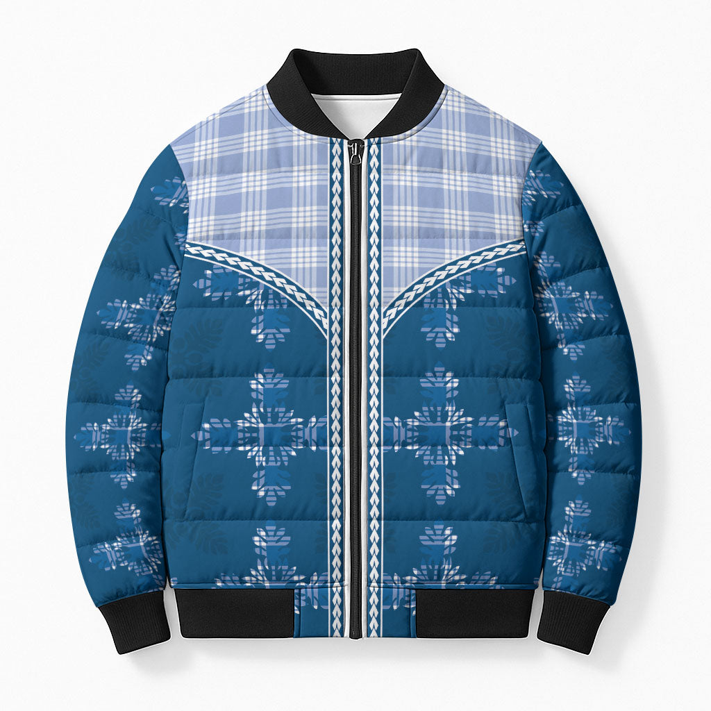 Blue Hawaii Paniolo Quilt Motif Bomber Puffer Jacket