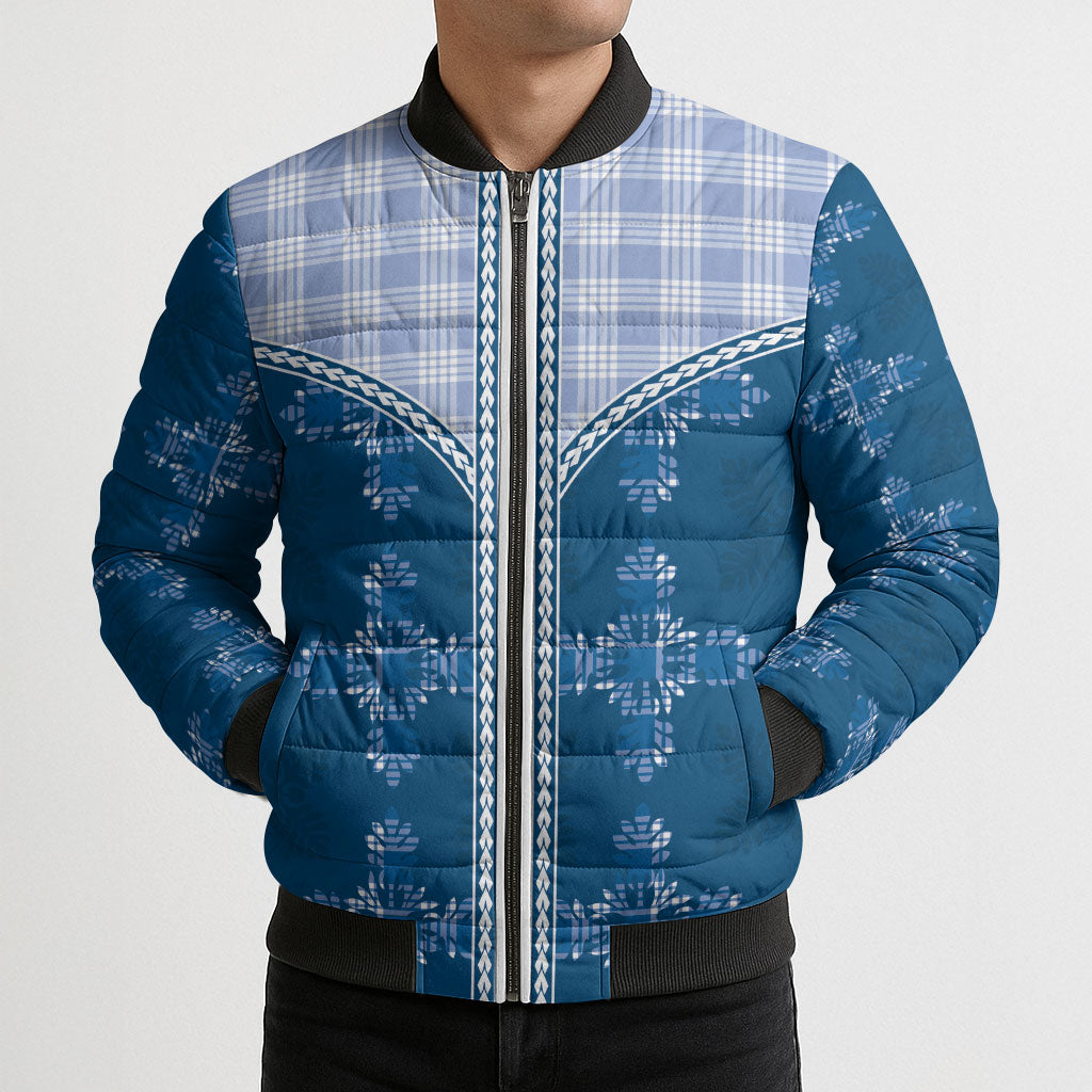 Blue Hawaii Paniolo Quilt Motif Bomber Puffer Jacket